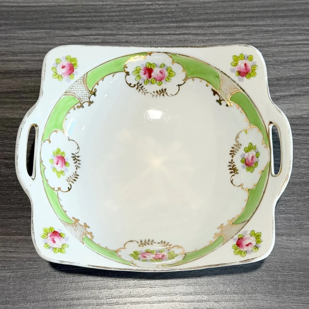 Antique Nippon Hand Painted Porcelain Handled‎ Bowl Floral Pink Rose Gold Gilt